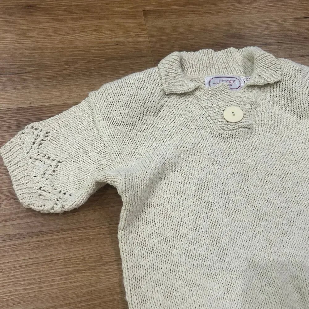 Cream Eyelet Knit Sweater Top Short Sleeve Small Collared Cottagecore S -